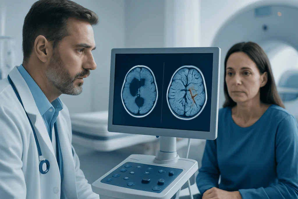 Doctor reviewing brain scan images with patient in hospital.