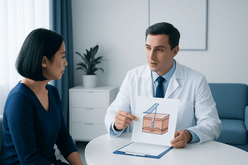 Doctor explaining skin layers with diagram to patient in consultation room.