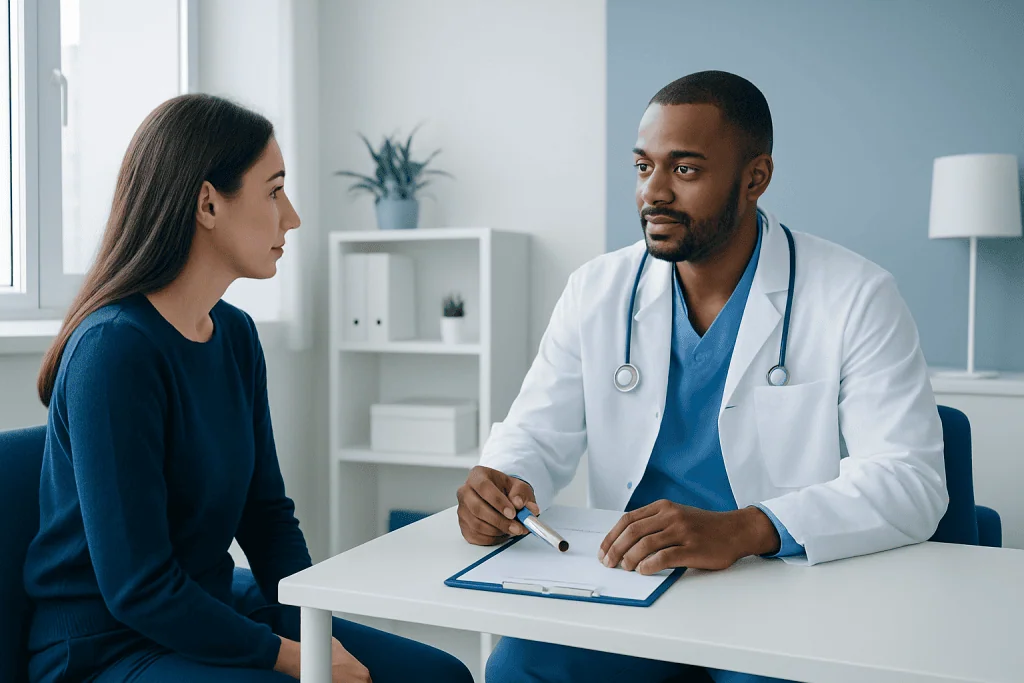 Doctor consulting with a patient in a modern medical office.