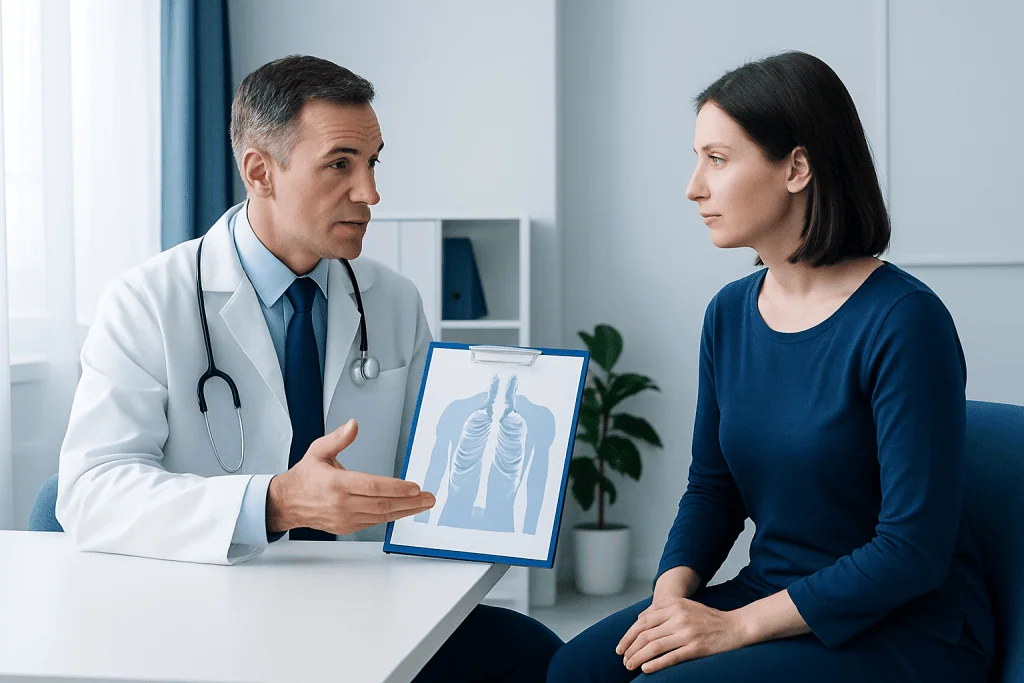 Doctor explaining lung X-ray to female patient in consultation room.