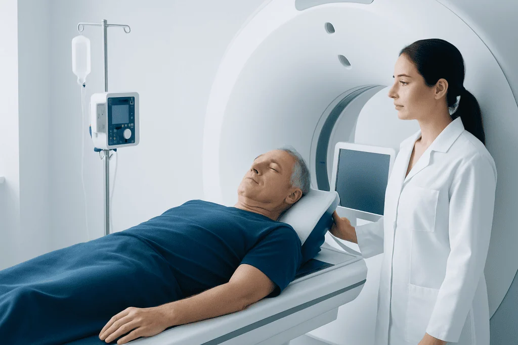Patient undergoing MRI scan at Acibadem Hospital for health assessment.