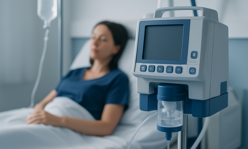 Patient in hospital bed with medical monitor in a healthcare setting.
