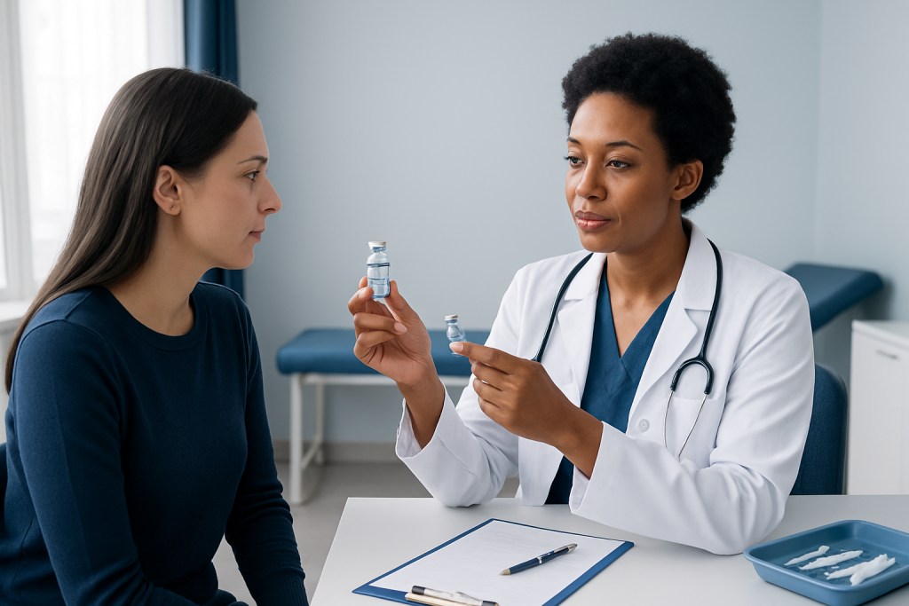Doctor explaining vaccine to patient in a medical consultation room.