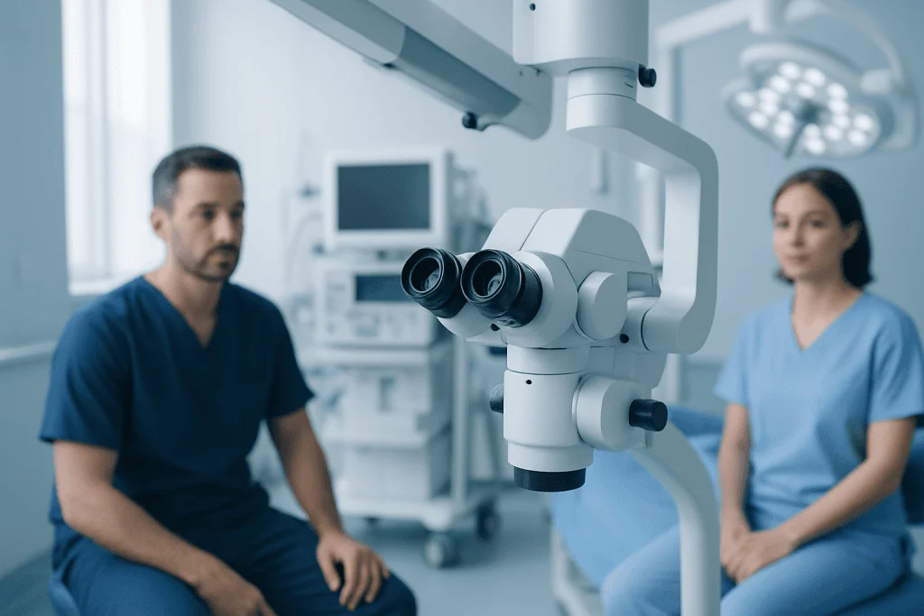 Medical professionals in a hospital operating room with advanced surgical equipment.