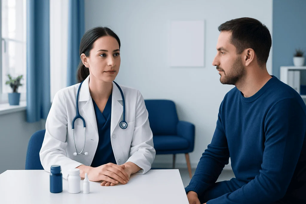 Doctor consulting patient in a modern clinic setting.