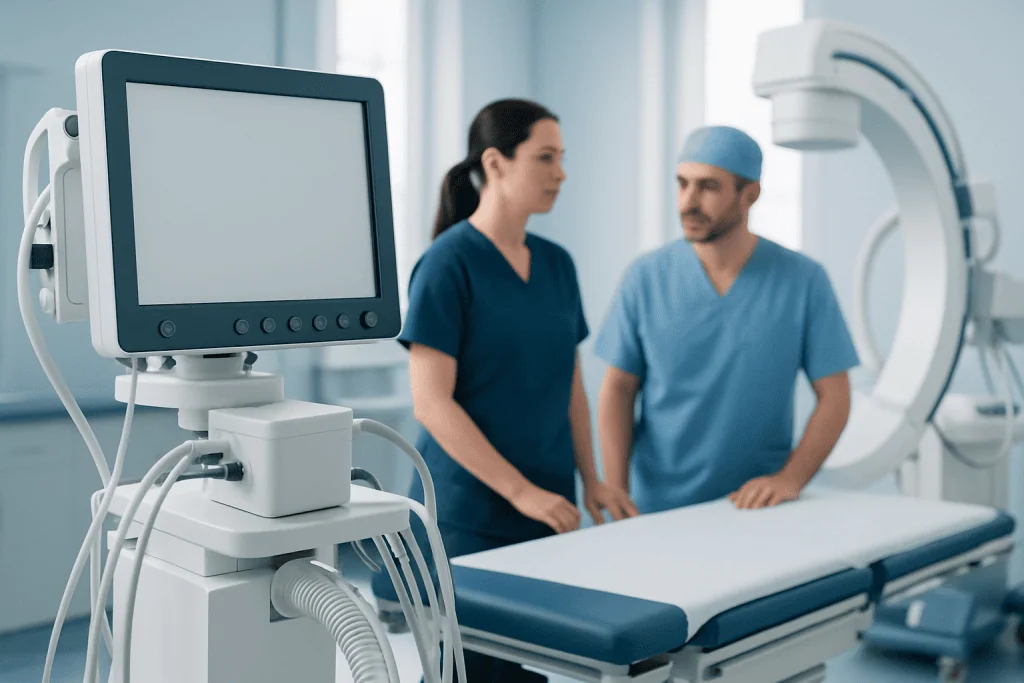 Medical professionals preparing for a diagnostic procedure in a hospital.