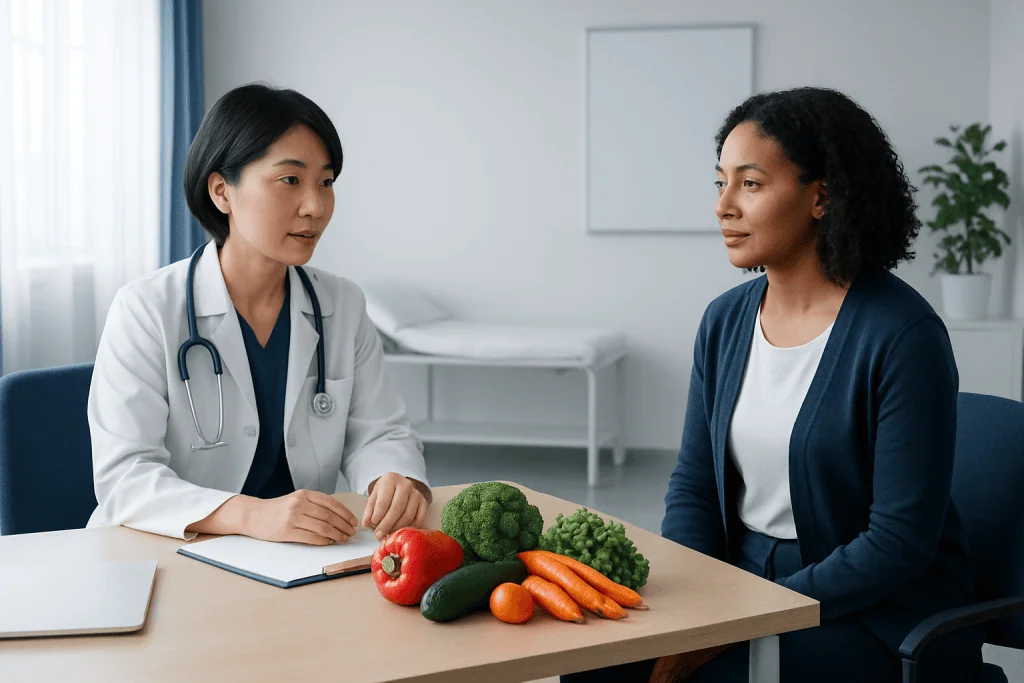 Doctor consulting with a patient about vegetables and healthy eating habits.