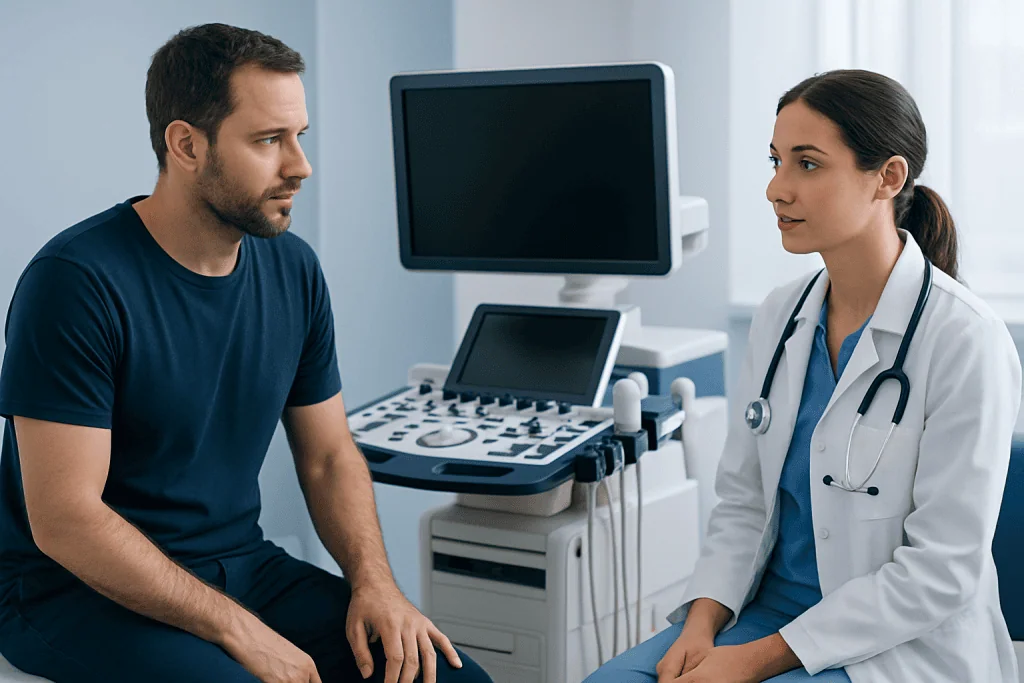 Doctor consulting male patient in a medical examination room.