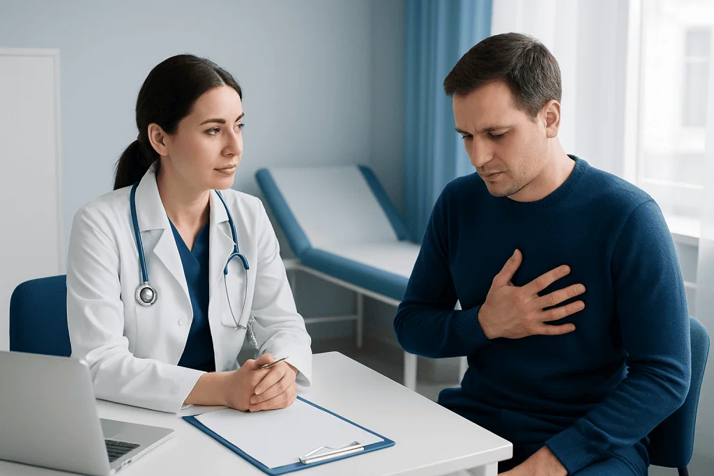 Doctor consulting with a patient experiencing chest discomfort in a hospital room.