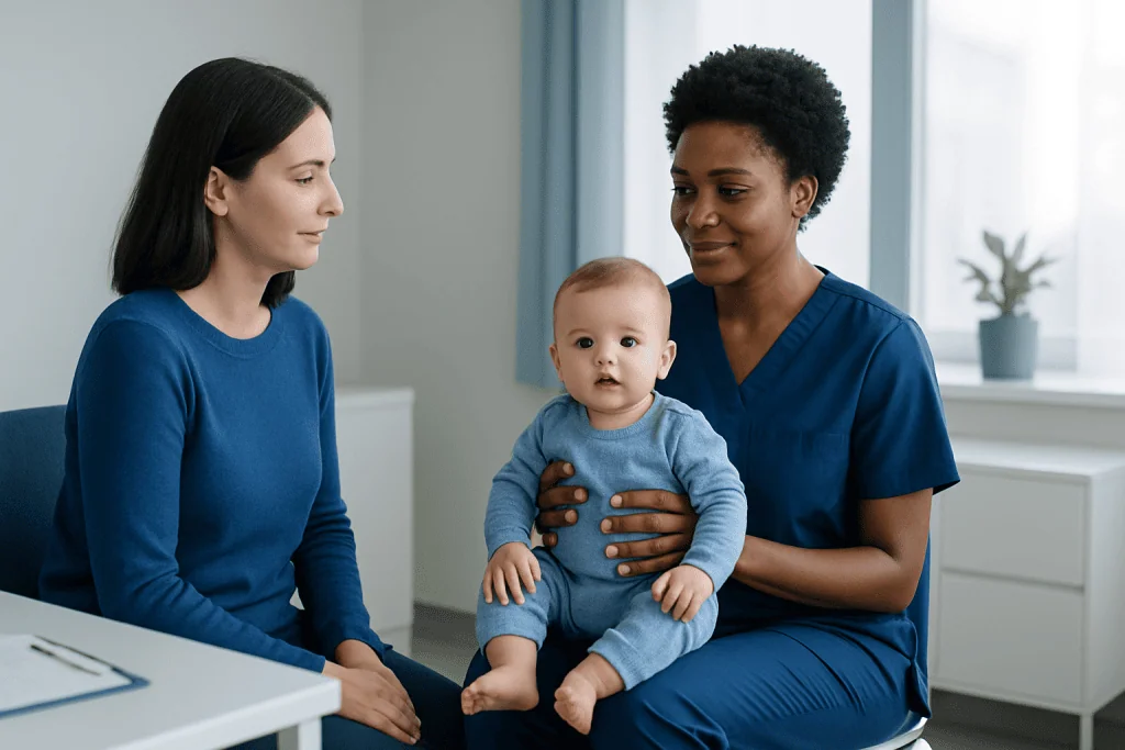 Pediatric consultation with a mother, healthcare professional, and baby in a clinic.