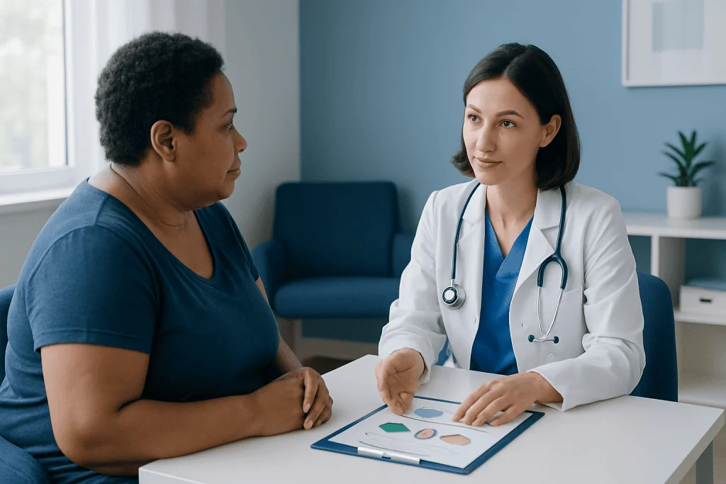 Doctor consulting with patient in a medical office setting.