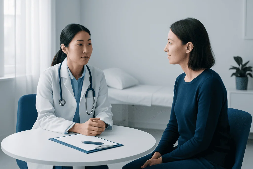 Doctor consulting with a patient in a modern medical office.