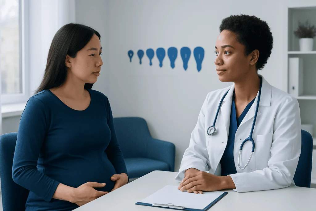 Doctor consulting pregnant woman in a medical office at Acibadem Hospitals Group.