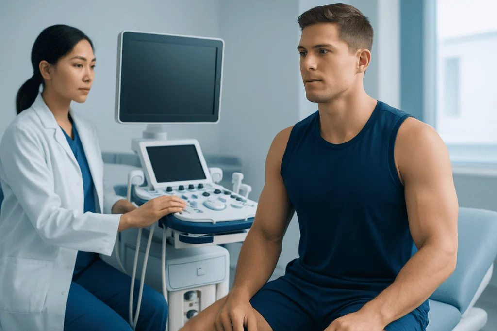 Medical professional performing an ultrasound on a young male patient in a clinical setting.