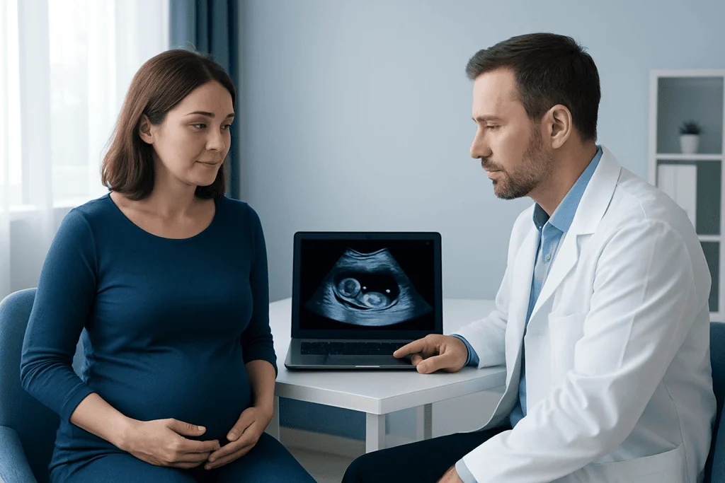 Pregnant woman during ultrasound consultation at Acibadem Hospital.