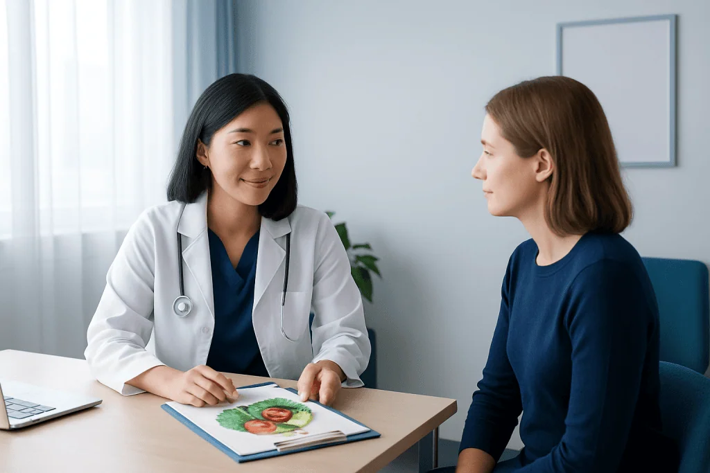 Doctor consulting with patient in a medical office setting.