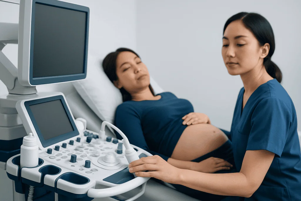Pregnant woman undergoing ultrasound at a hospital.