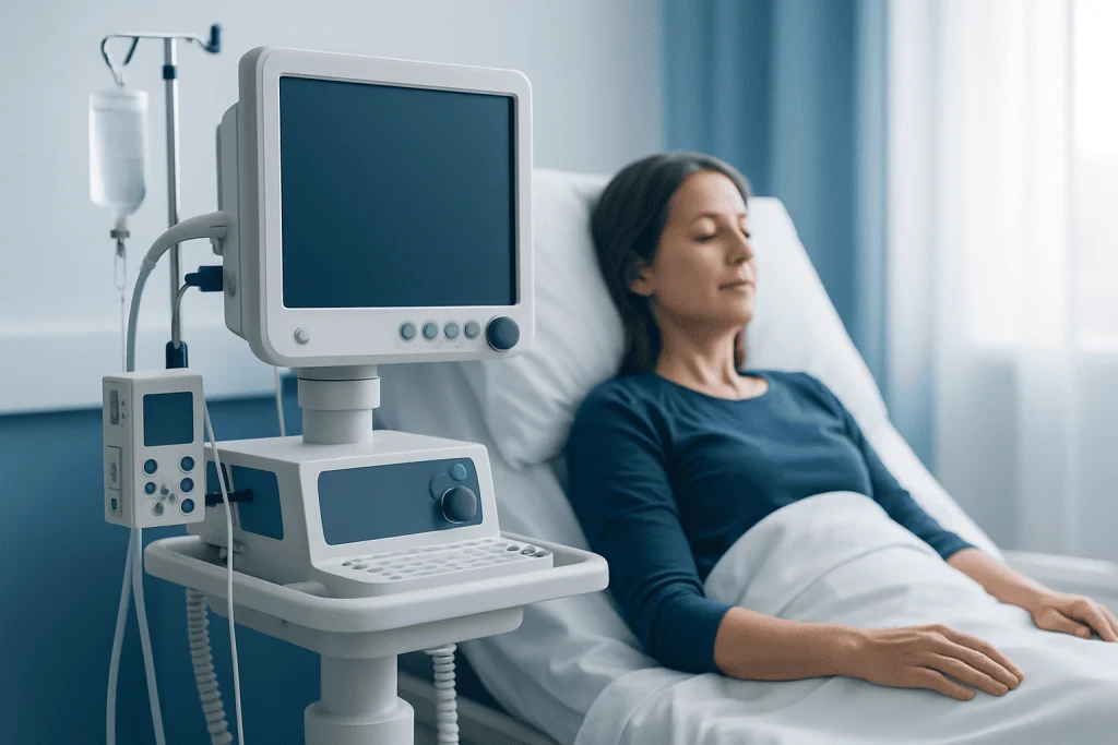 Patient resting in hospital bed with medical monitoring equipment nearby.