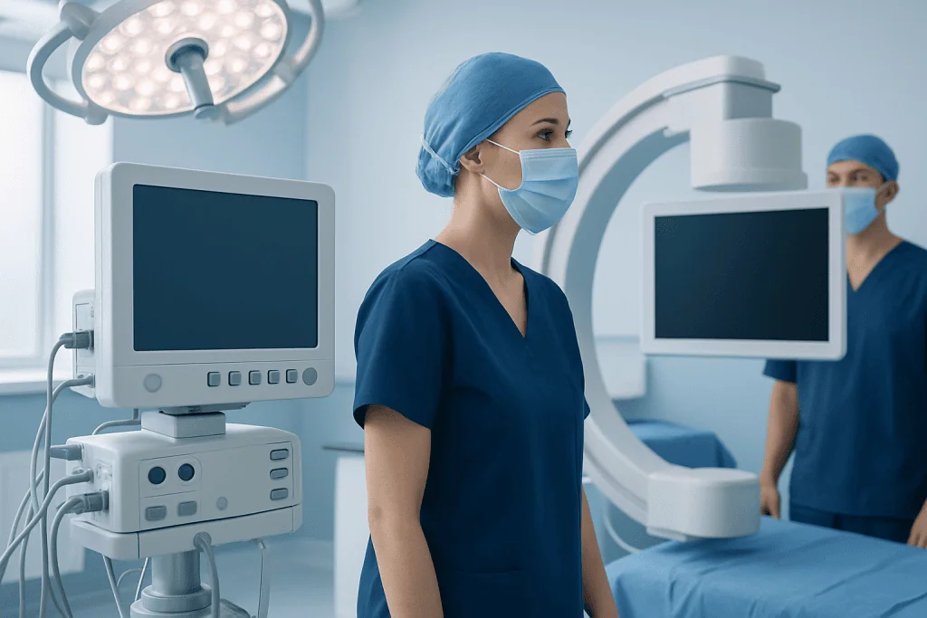 Medical team in operating room with advanced surgical equipment.