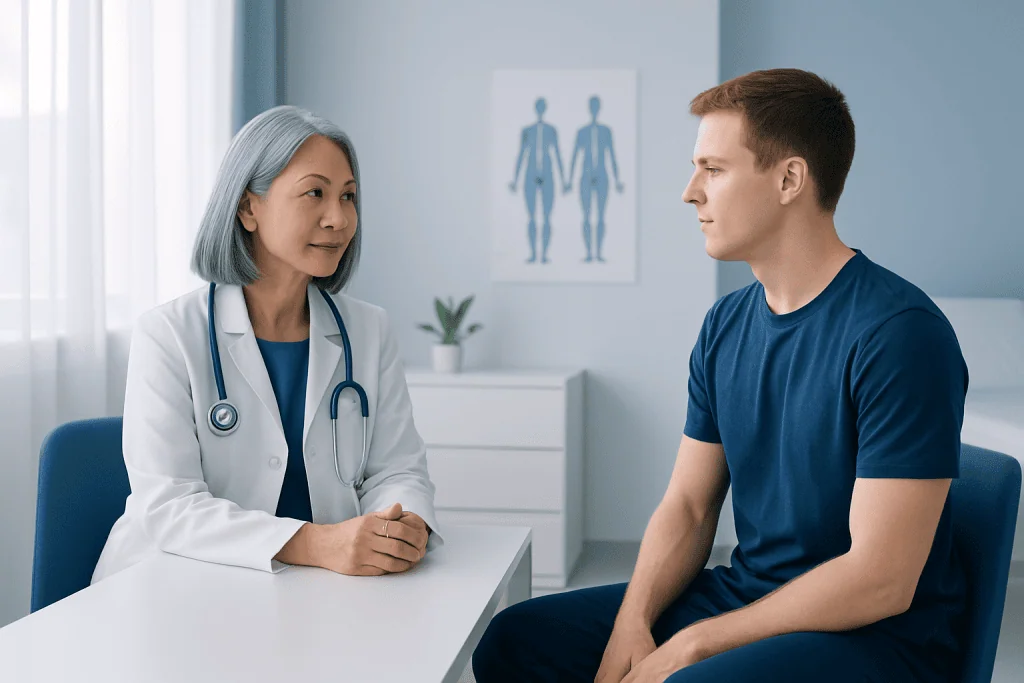 Doctor consulting with a young male patient in a medical office.