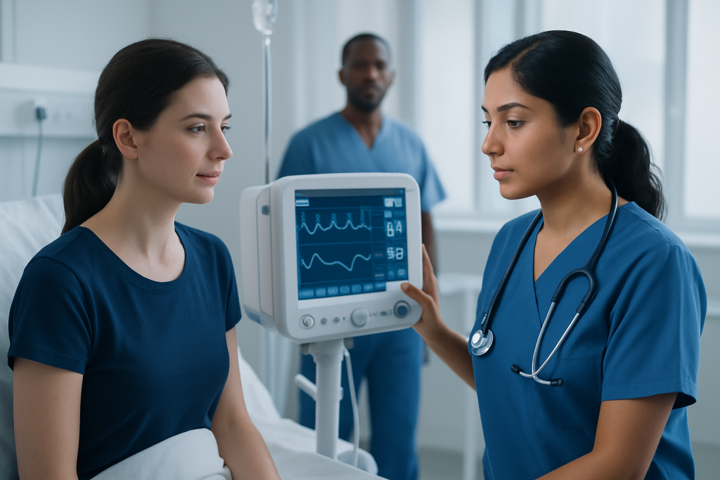 Medical professionals monitor patient with ECG in hospital setting.