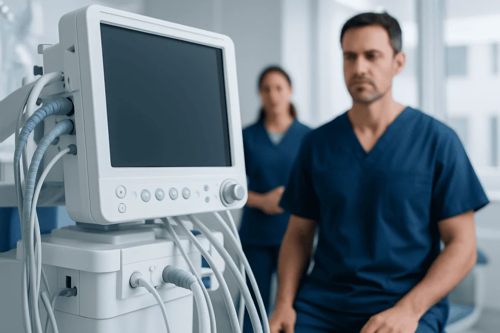 Medical professionals in a hospital room with a ventilator machine.