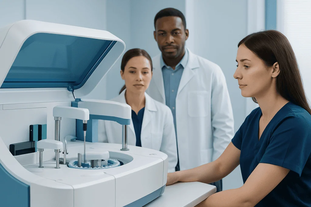 Medical professionals conducting follicle stimulating hormone test in laboratory.