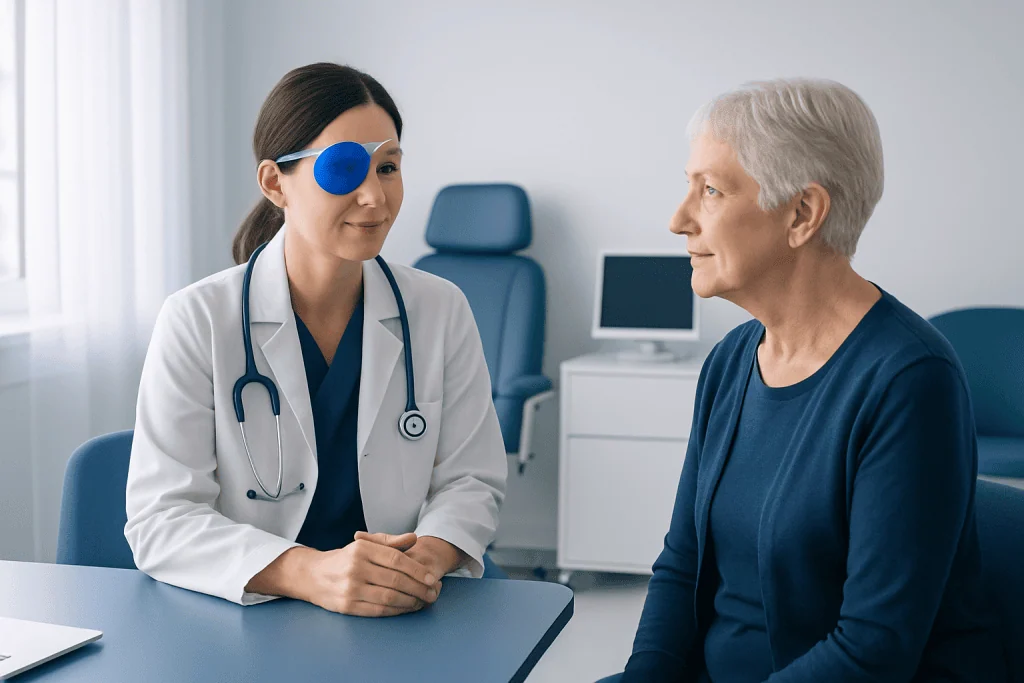 Doctor consulting elderly patient after cataract surgery in clinic.