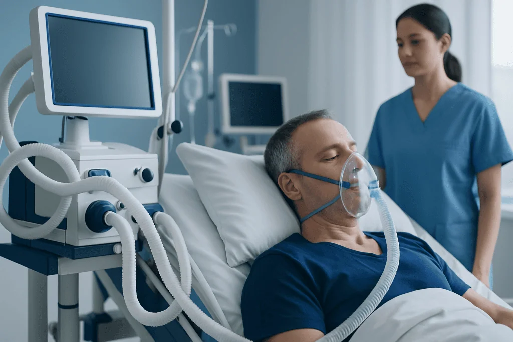 Patient on ventilator in hospital ICU with medical staff nearby.