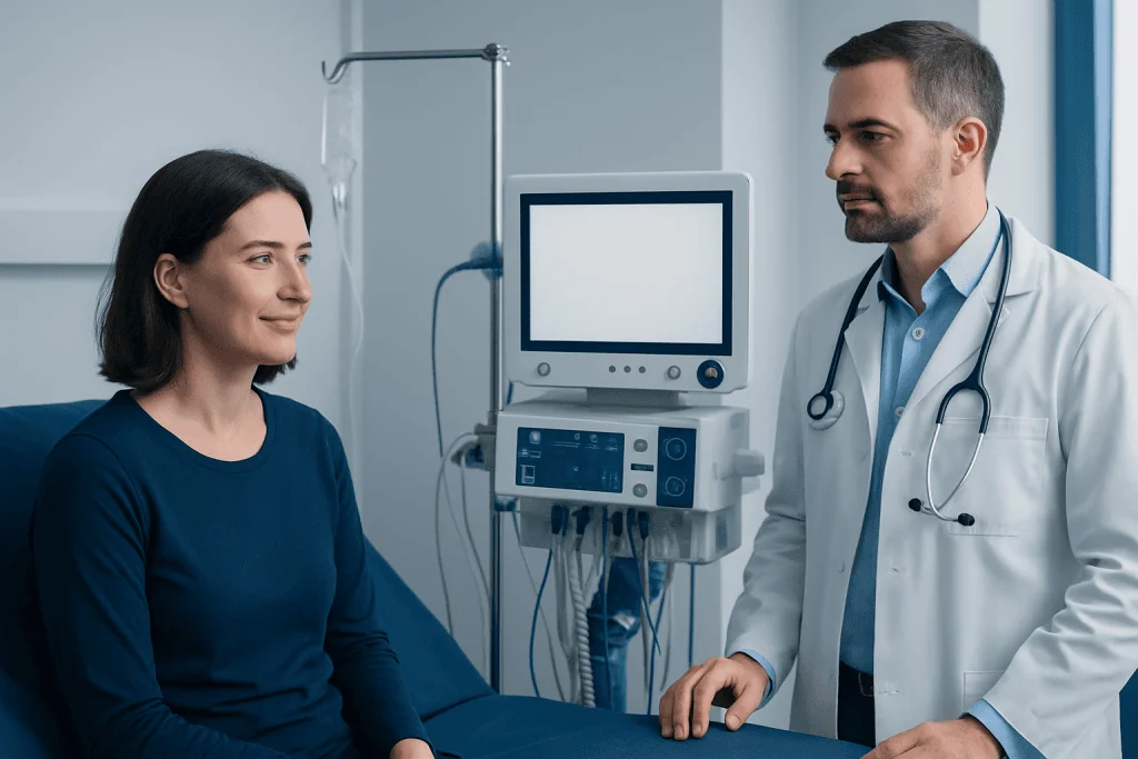 Doctor consulting with a patient in a hospital room.