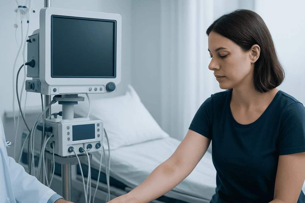 Young woman receiving medical treatment in hospital room.