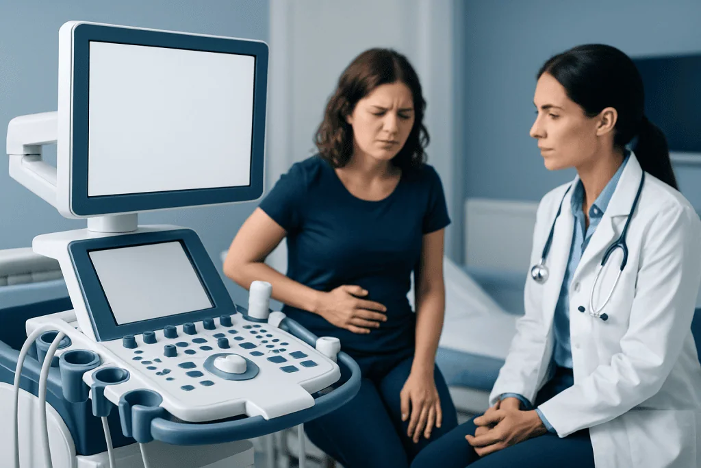 Doctor consulting with patient about menstrual health in a clinical setting.