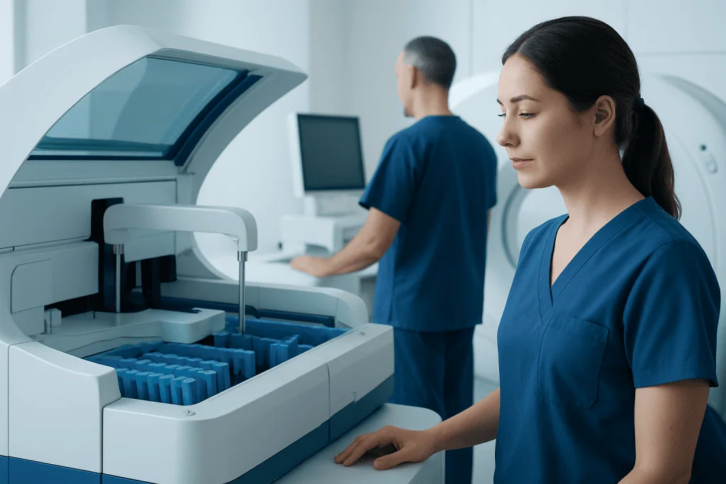 Laboratory technician preparing samples in a modern medical lab at Acibadem Hospitals.