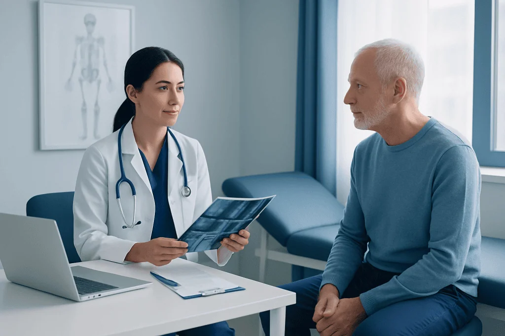 Doctor discussing medical results with a patient in a clinical setting.