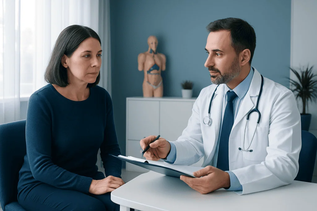Doctor consulting with a female patient in a medical office setting.