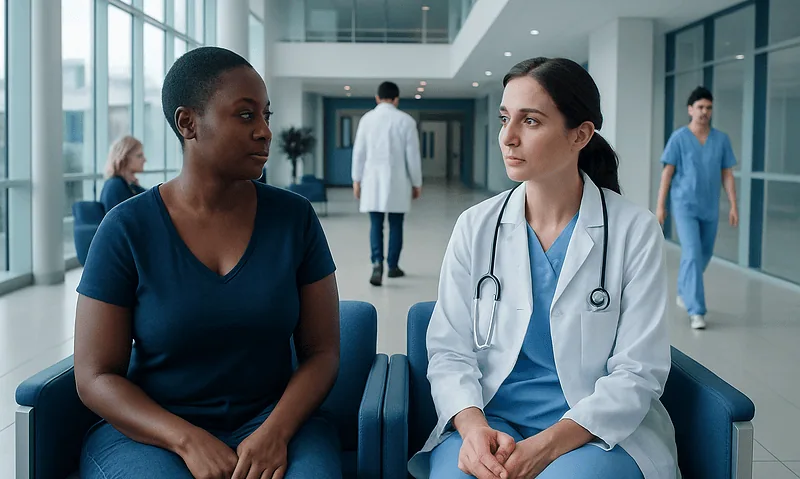 Big Clit: An Evidence-Based Guide for Patients 18 Medical consultation between a patient and doctor in hospital corridor.