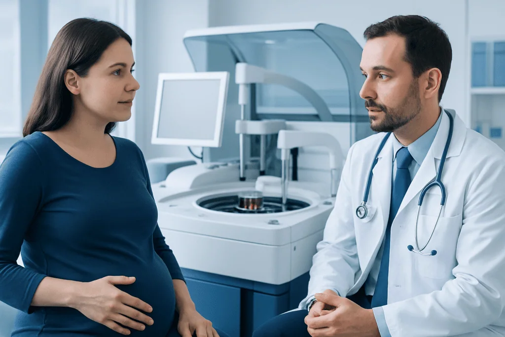 Pregnant woman consulting with a doctor in a medical laboratory setting.