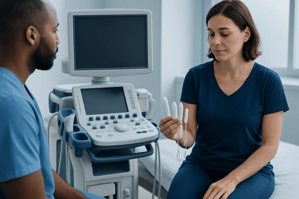 Medical consultation with ultrasound equipment at Acibadem Hospitals Group.