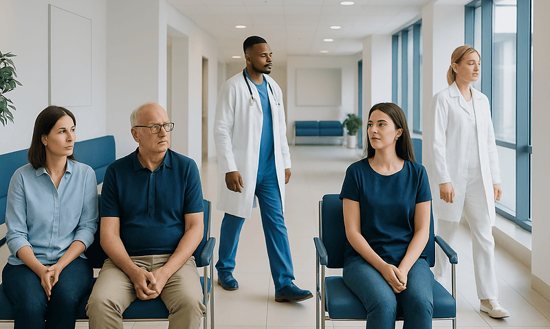 Patients waiting in a hospital corridor with medical staff nearby.