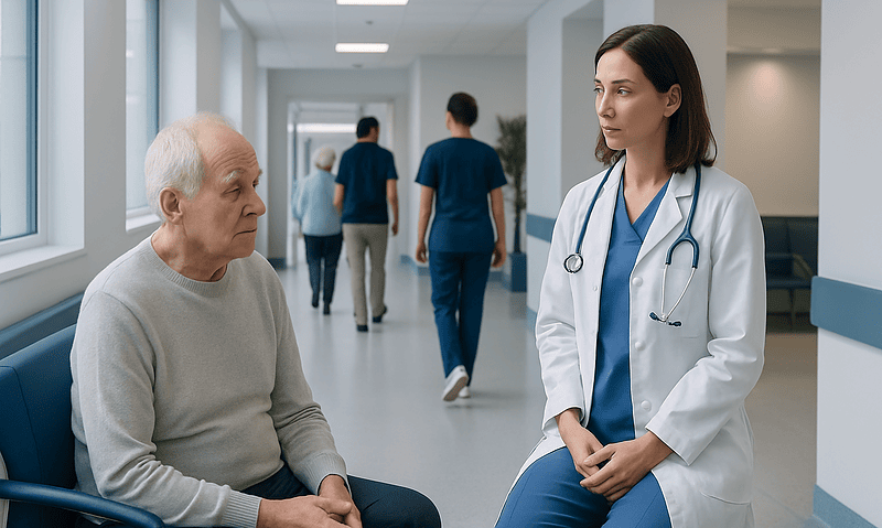 Doctor consulting elderly patient in hospital corridor.