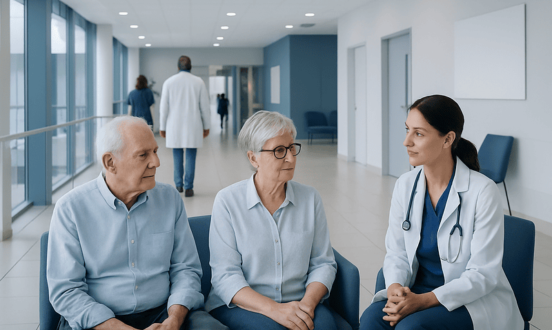 Medical team consulting elderly patients in hospital corridor.