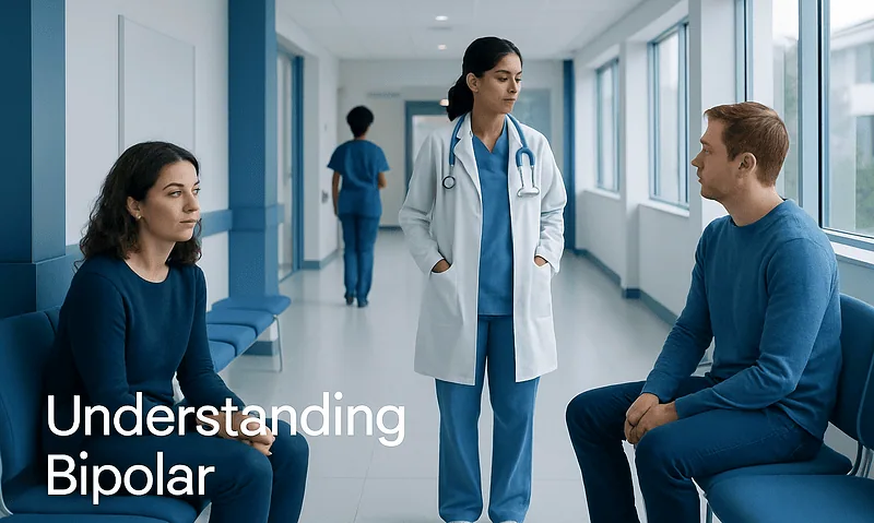 Medical consultation on bipolar disorder in a hospital corridor.