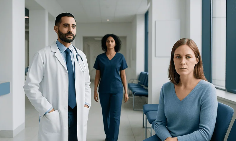 Medical professionals consulting with a patient in a hospital corridor.