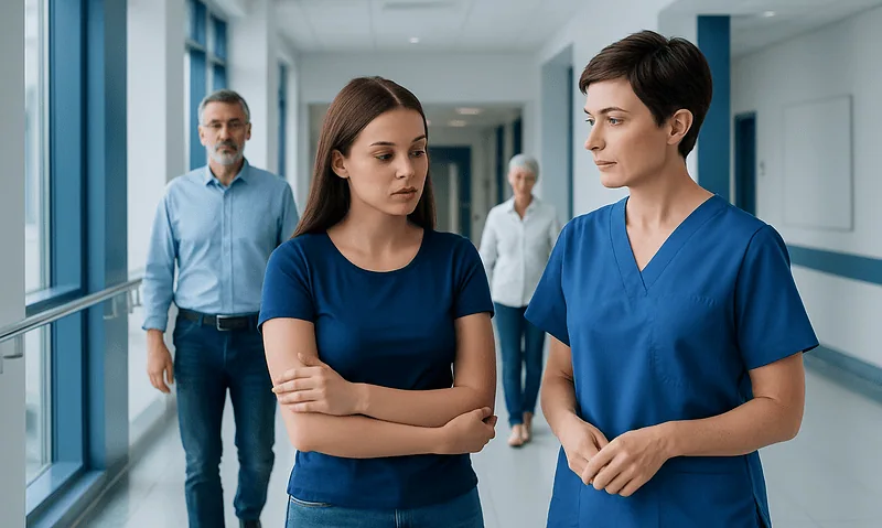 Healthcare professionals discussing patient care in hospital corridor.