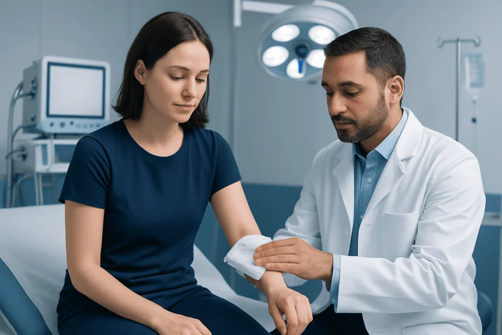 Doctor examining patient's arm in a hospital setting.