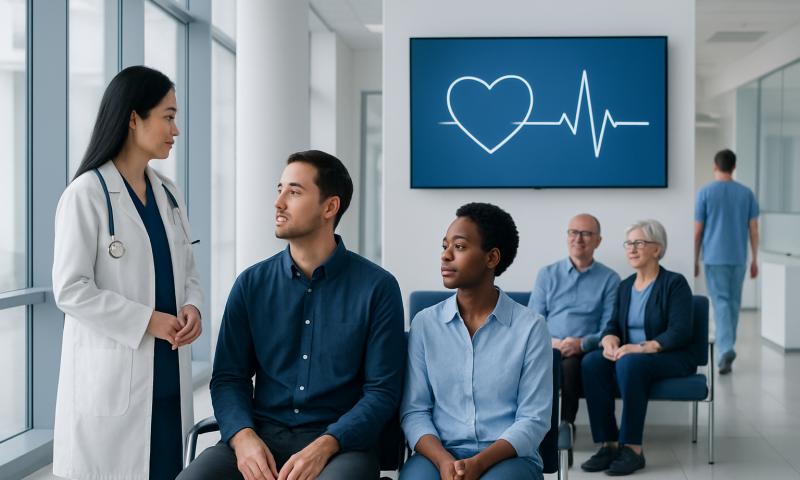 Bpm Heart Rate: A Complete Medical Overview 4 Doctor consulting with patients in a hospital waiting area with heart health monitor.