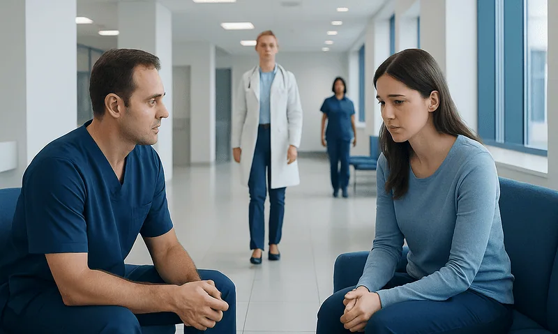 Medical professionals discussing mental health in hospital corridor.