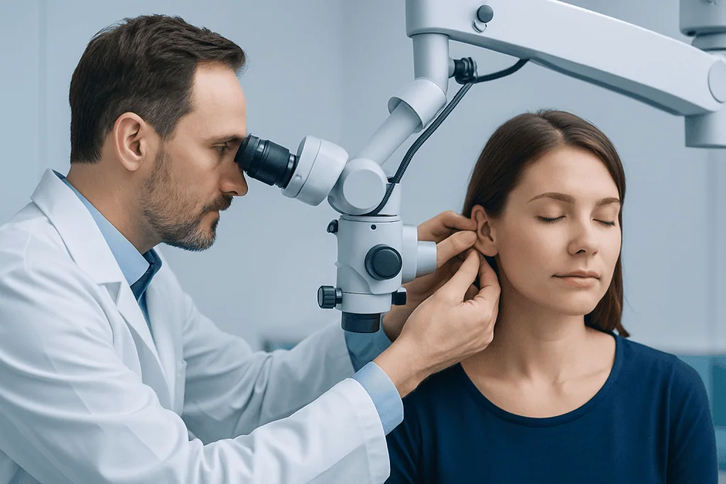 ENT specialist examining a young woman's ear with a microscope.