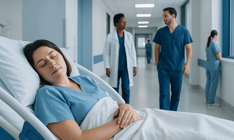 Young woman resting in hospital bed with medical staff nearby.