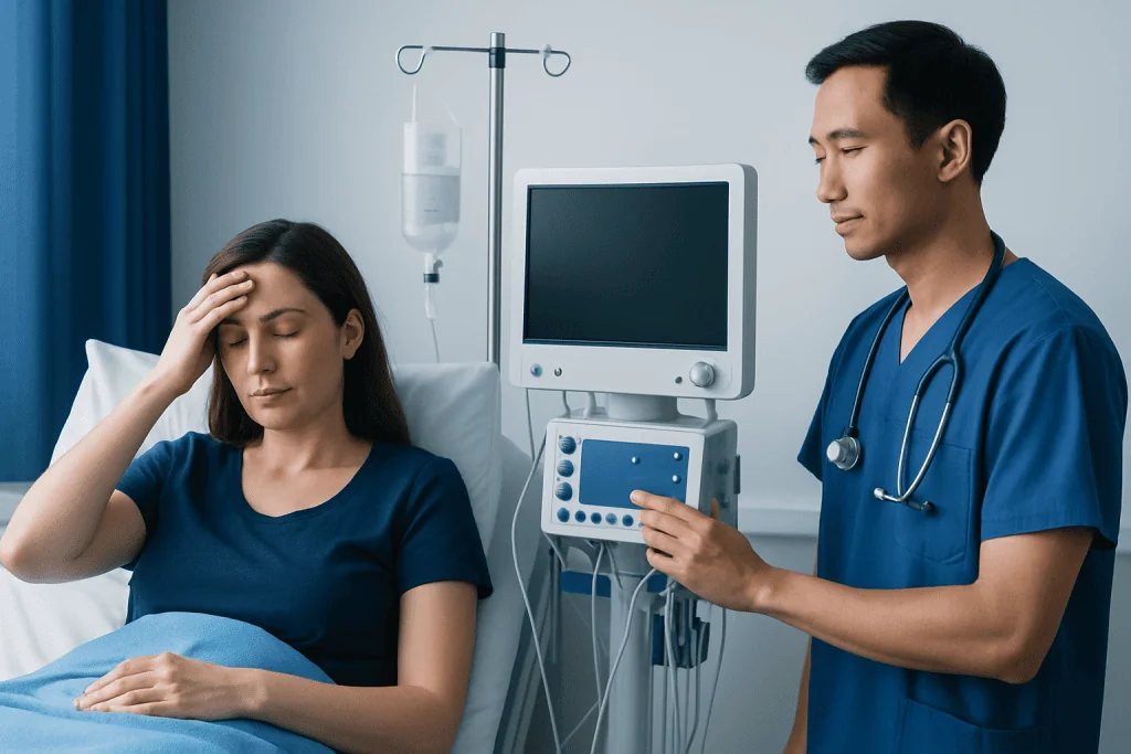Doctor monitoring patient with fever in hospital room.